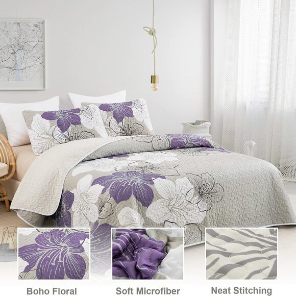 New Purple Bohemian Floral Quilt Set • 3 PC • KING Size - Picture 3 of 7